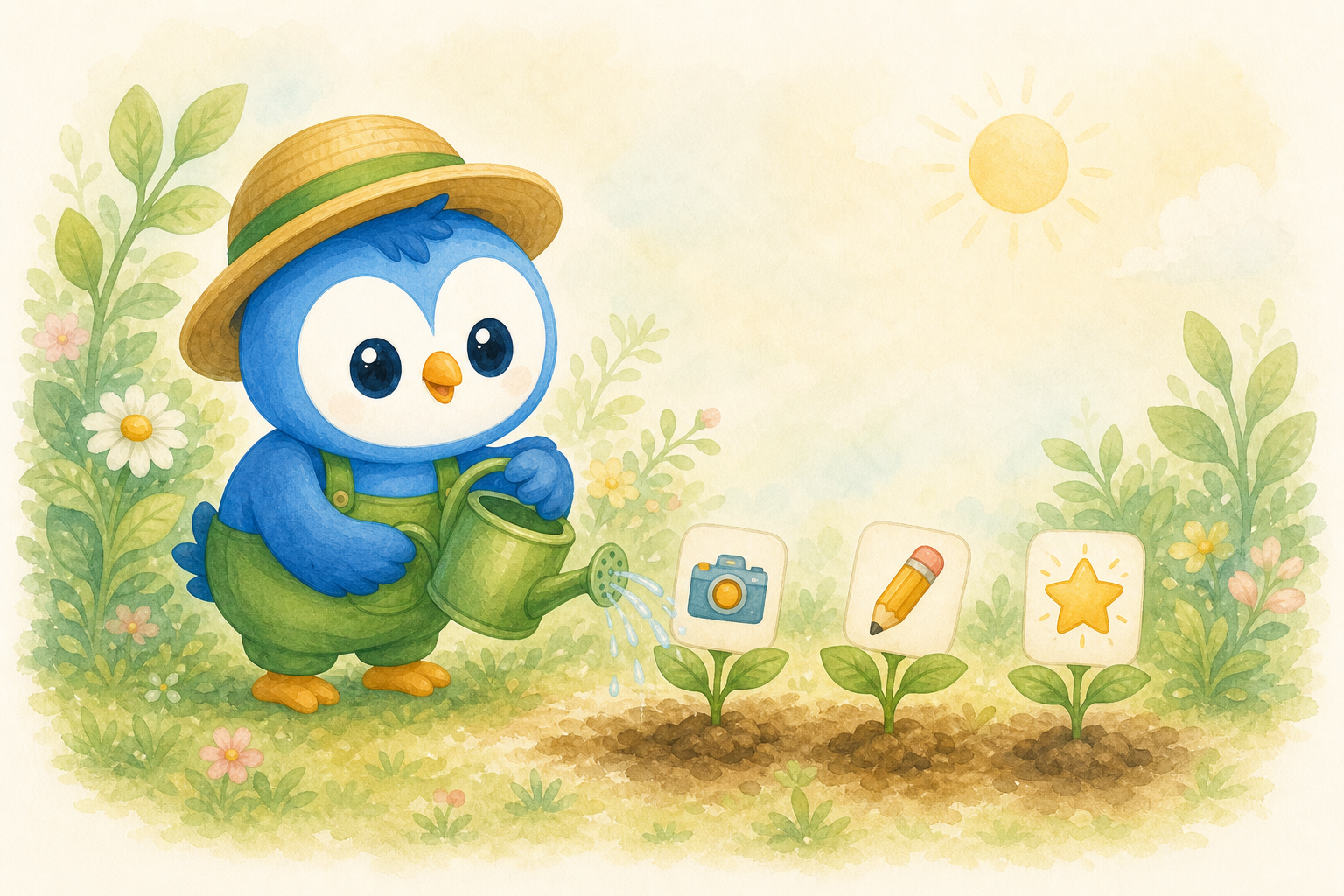 Ooks watering camera, pencil and star sprouts in a sunny garden