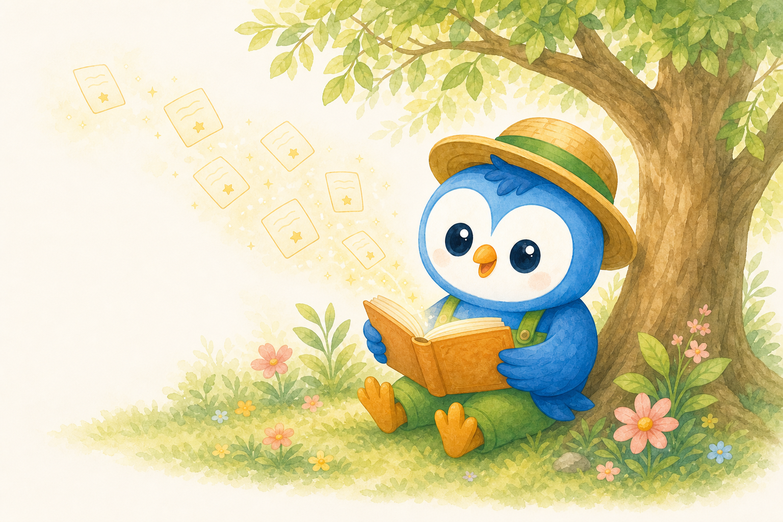 Ooks reading beneath a leafy tree as remembered cards glow nearby